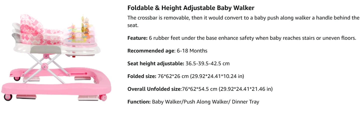 2 in 1 Foldable Baby Walker, Height Adjustable Walker with Music and Lights, Converts to Baby Push Along Walker and Kids Feeding