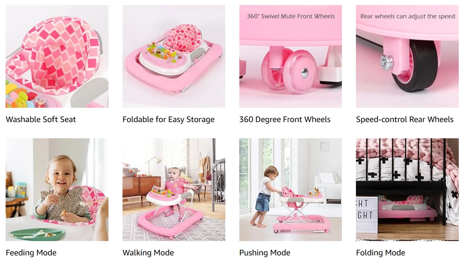 2 in 1 Foldable Baby Walker, Height Adjustable Walker with Music and Lights, Converts to Baby Push Along Walker and Kids Feeding