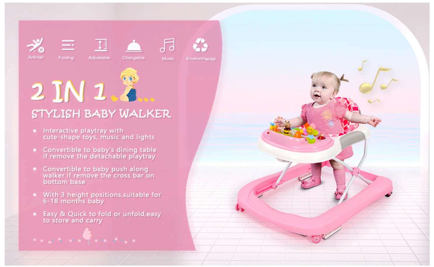 2 in 1 Foldable Baby Walker, Height Adjustable Walker with Music and Lights, Converts to Baby Push Along Walker and Kids Feeding