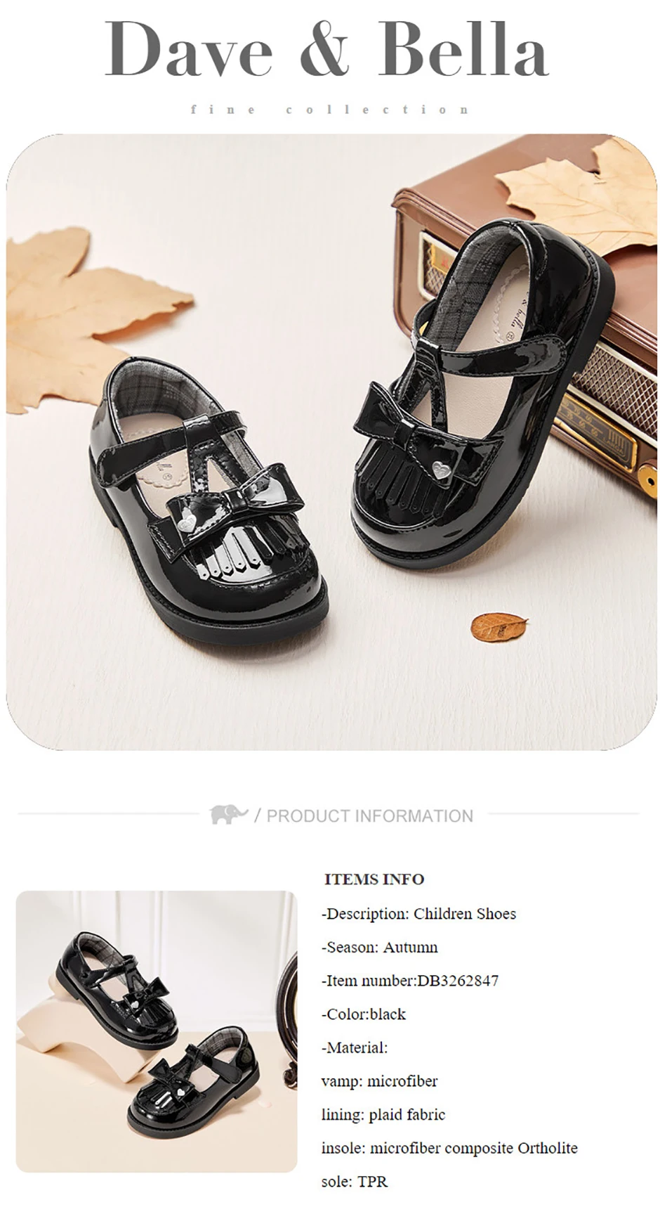 Dave Bella Girl Leather Shoes Princess Shoes Children Autumn Spring Retro Black Bow Anti Slip Elegant Kids Shoes Party DB3262847