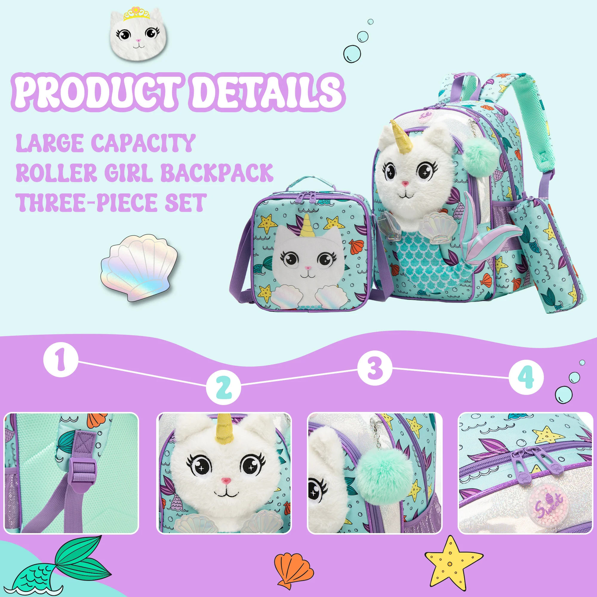 Meetbelify Rolling Backpack for Girls 3D Cartoon Plush Wheeled School Bag with Lunch Box Pencil Case Ages 6-8