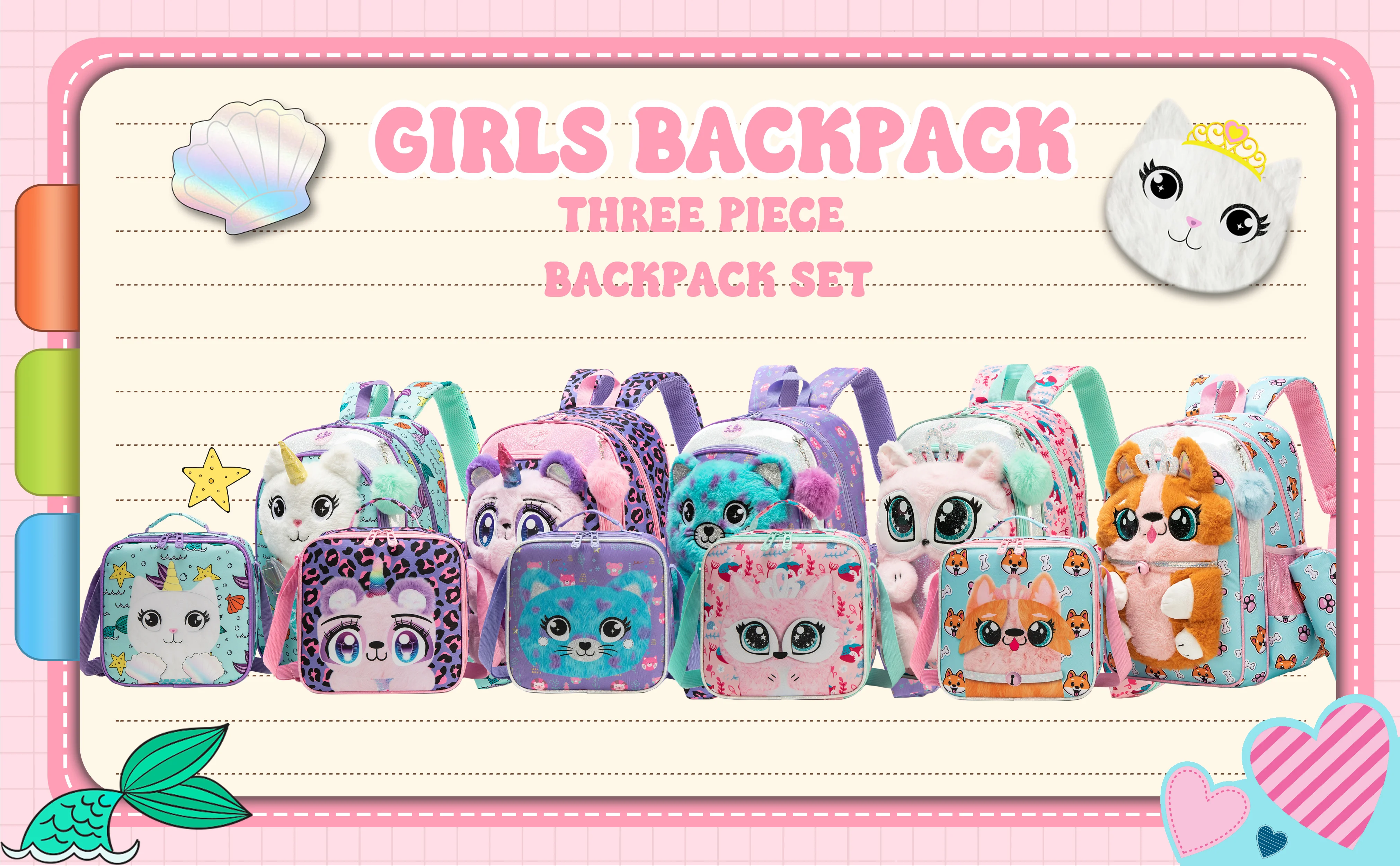 Meetbelify Rolling Backpack for Girls 3D Cartoon Plush Wheeled School Bag with Lunch Box Pencil Case Ages 6-8