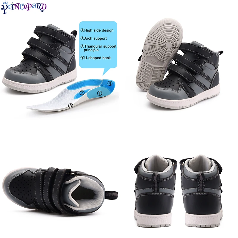 Princepard Ankle Boots for Girls Boys Orthopedic Children's Sneakers with Arch Support Insoles Pink Grey Leather Kids Shoes