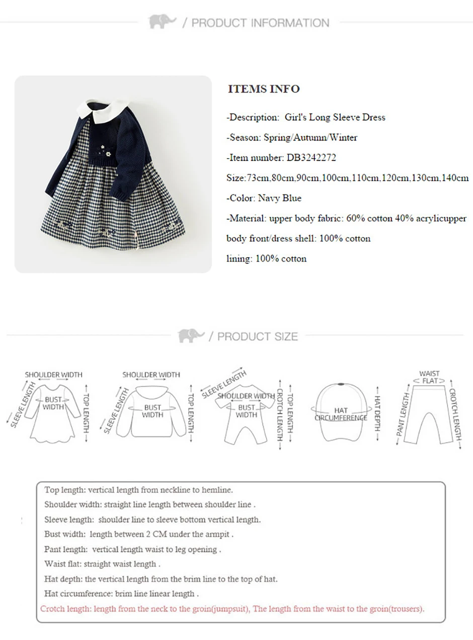 Dave Bella Girls' Sweater Dress Gentle Cute Children 's Plaid Fake Two Piece Baby Long Sleeve Dress Outdoor Party DB3242272