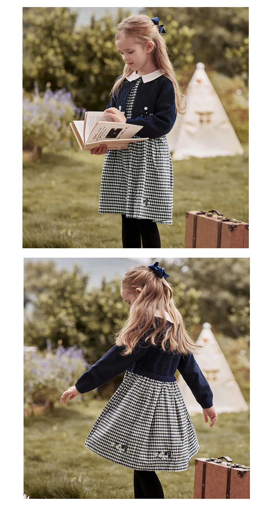 Dave Bella Girls' Sweater Dress Gentle Cute Children 's Plaid Fake Two Piece Baby Long Sleeve Dress Outdoor Party DB3242272