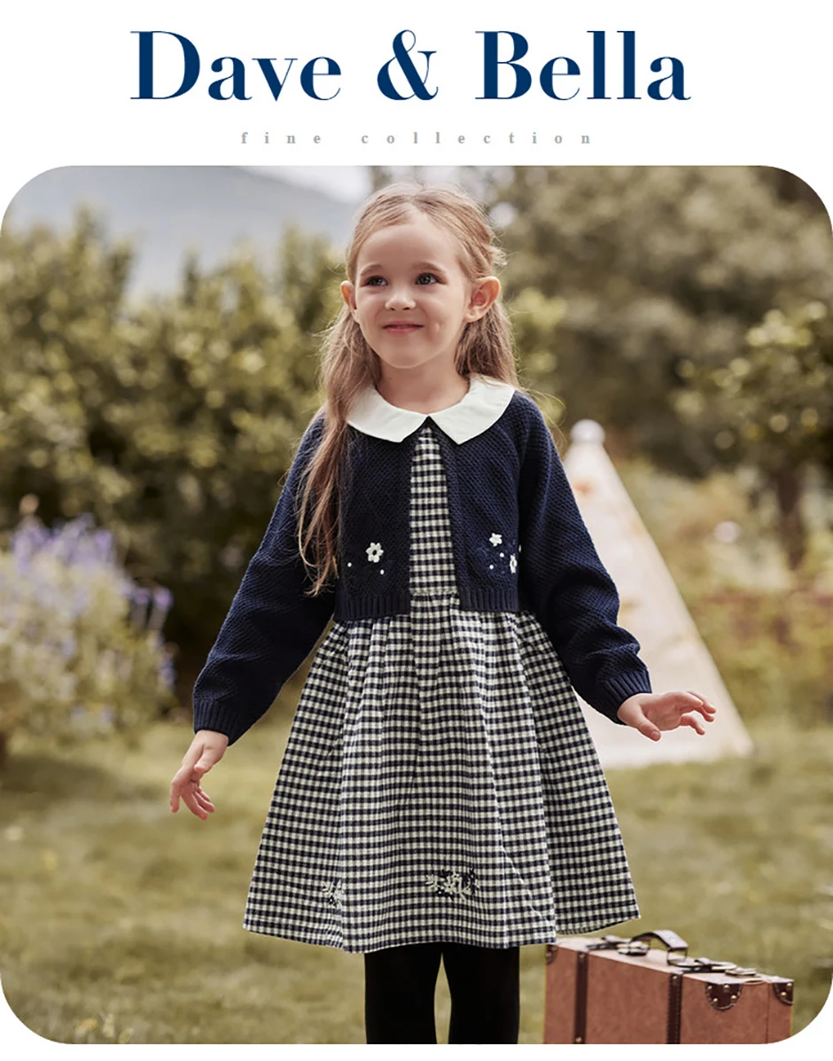 Dave Bella Girls' Sweater Dress Gentle Cute Children 's Plaid Fake Two Piece Baby Long Sleeve Dress Outdoor Party DB3242272