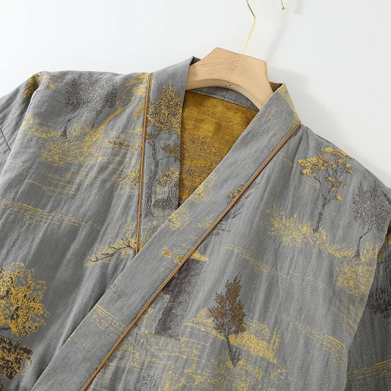 Men's Spring and Autumn Kimono Robes with Long Pants Pajamas Set Home Clothes Cotton Loose Pijama Masculino Clothes