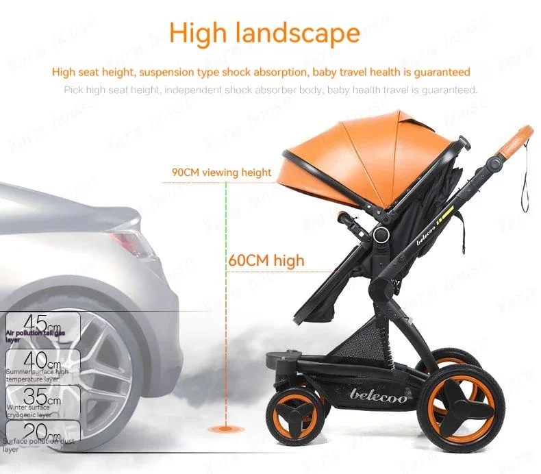 Luxury High-end Baby Stroller 3in1, Belecoo X6 High Landscape Baby Cart with Car Basket,can Sit, Lie Down and Fold Two-way Cart