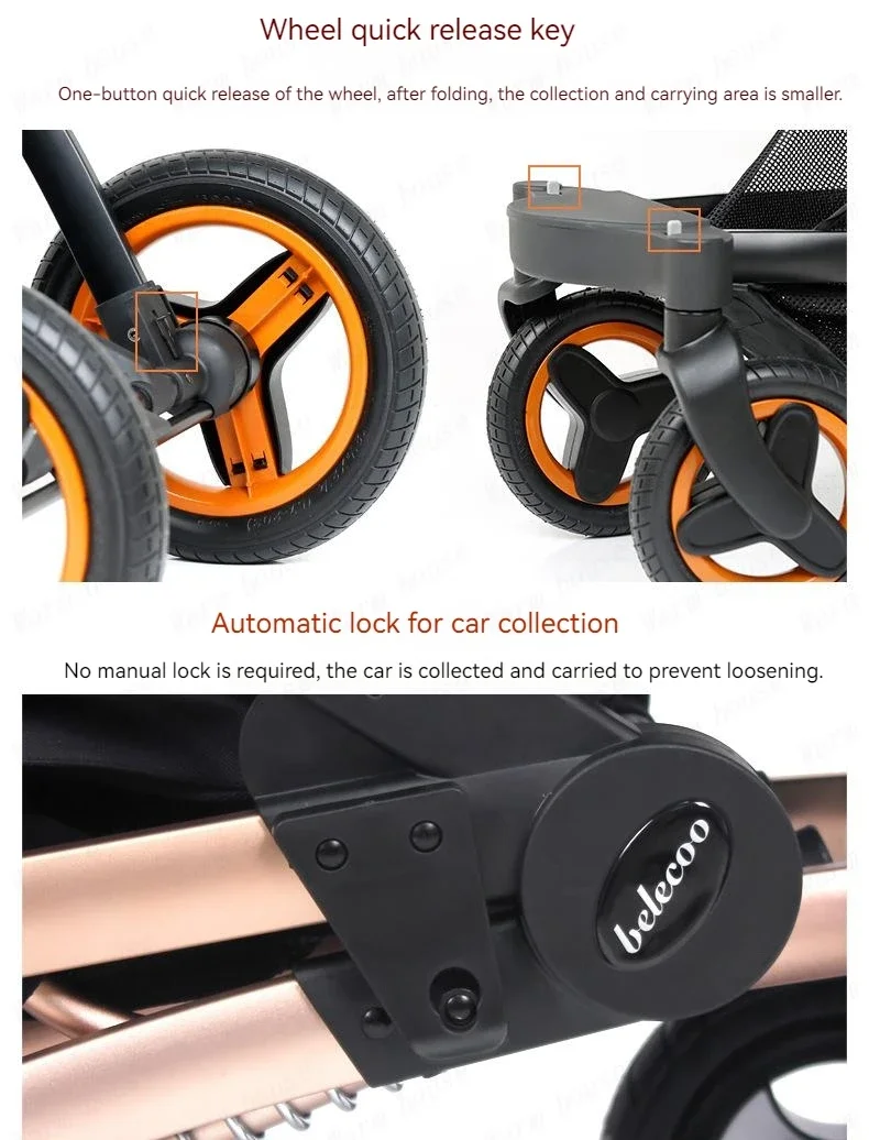 Luxury High-end Baby Stroller 3in1, Belecoo X6 High Landscape Baby Cart with Car Basket,can Sit, Lie Down and Fold Two-way Cart