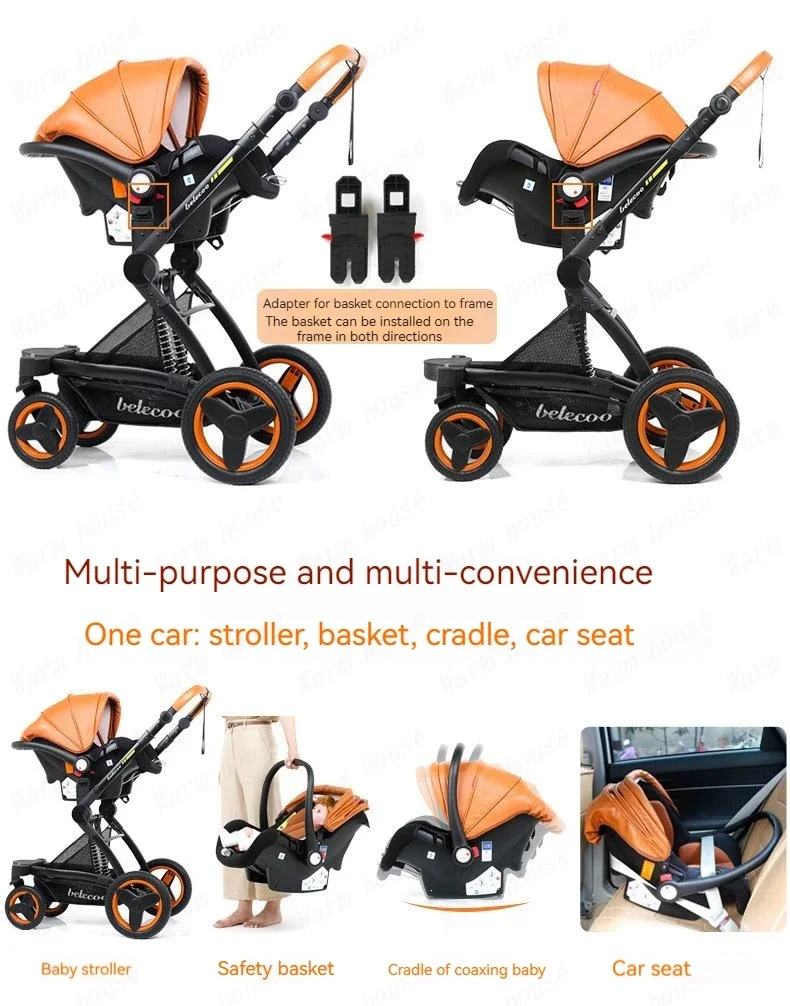 Luxury High-end Baby Stroller 3in1, Belecoo X6 High Landscape Baby Cart with Car Basket,can Sit, Lie Down and Fold Two-way Cart
