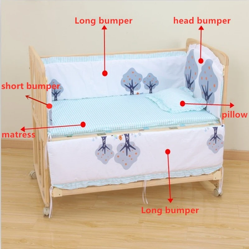 6Pcs Cartoon Infant Newborn Baby Crib Bedding Set Cradle Fence Nursery Toddler Bed Room Crib Bumper (4Bumpers+Matress+Pillow)