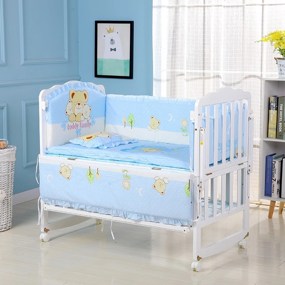 6Pcs Cartoon Infant Newborn Baby Crib Bedding Set Cradle Fence Nursery Toddler Bed Room Crib Bumper (4Bumpers+Matress+Pillow)