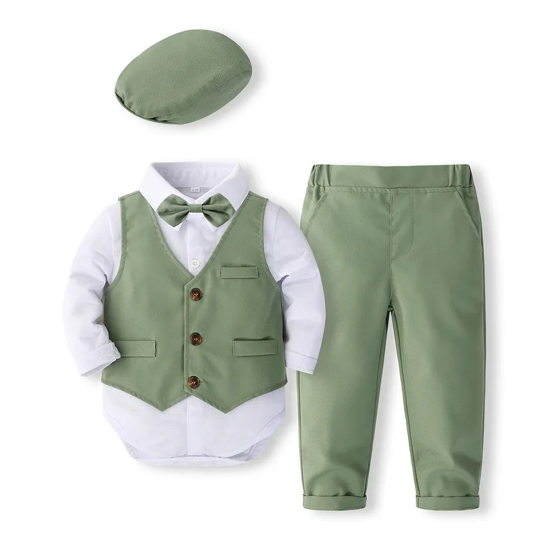 5Piece Sets Spring Autumn Newborn Boy Clothes Korean Fashion Gentleman Bodysuit+Vest+Pants+Tie+Hat Baby Luxury Clothing BC1684