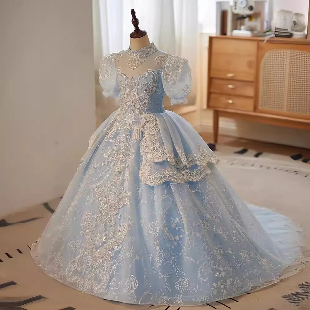 Blue High Collar Puff Sleeve Dresses For Girls Exquisite Glitter Sequins Beads Princess Gown Piano Performance Birthday Party