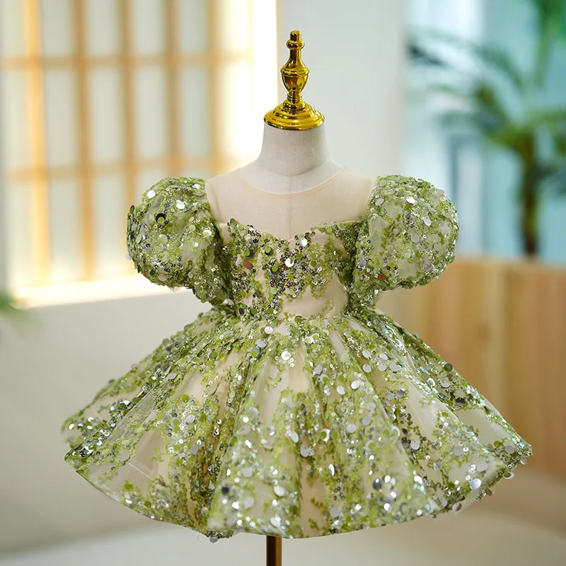2023 GIrls Sparkling Sequin Design Princess Ball Gown Elegant Kids Puff Sleeve Birthday Party Evening Boutique Dresses y926