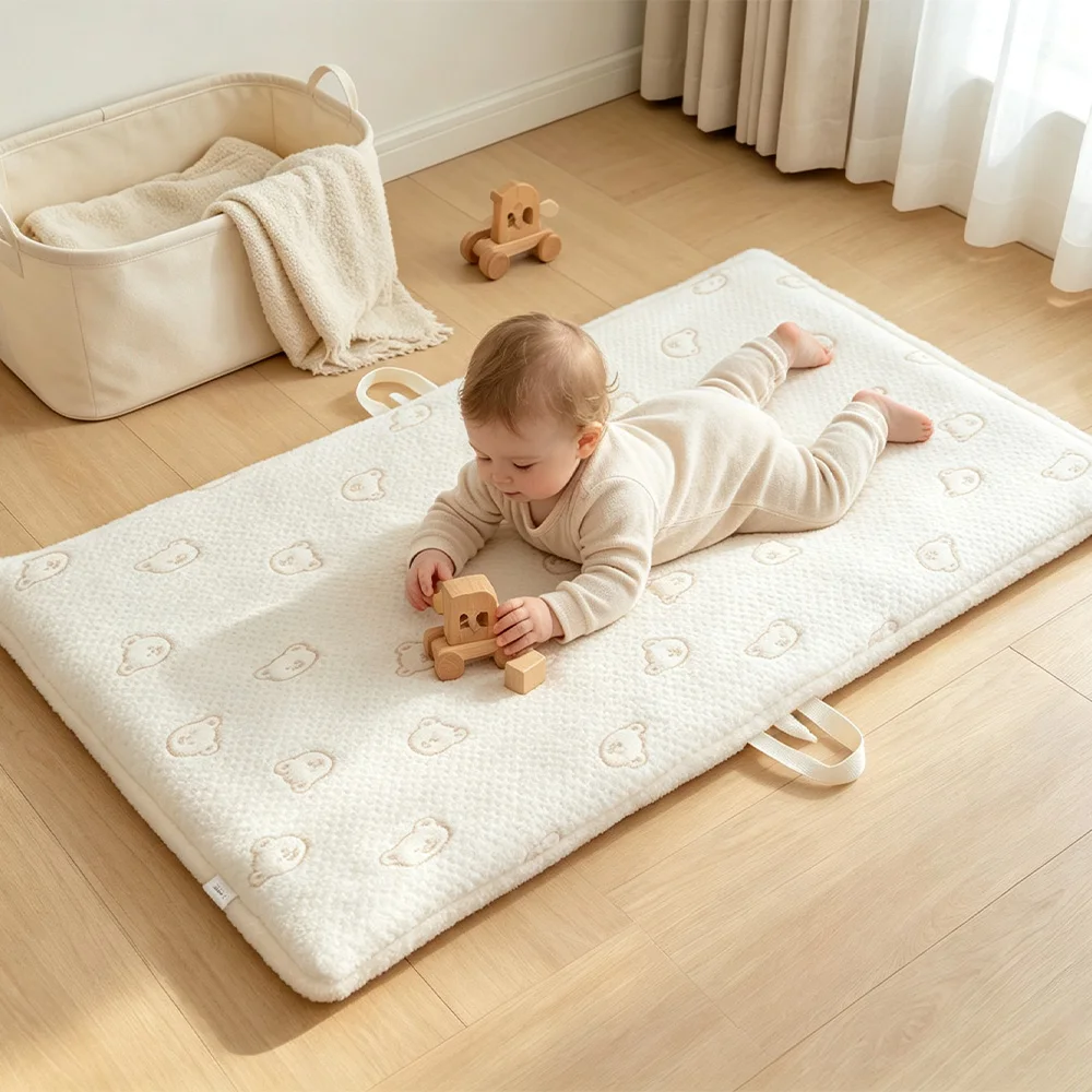 Baby Portable Travel Mat, Thick Padded Infant Nap Play Mat with Carry Straps, Embroidered Breathable Sleeping Pad