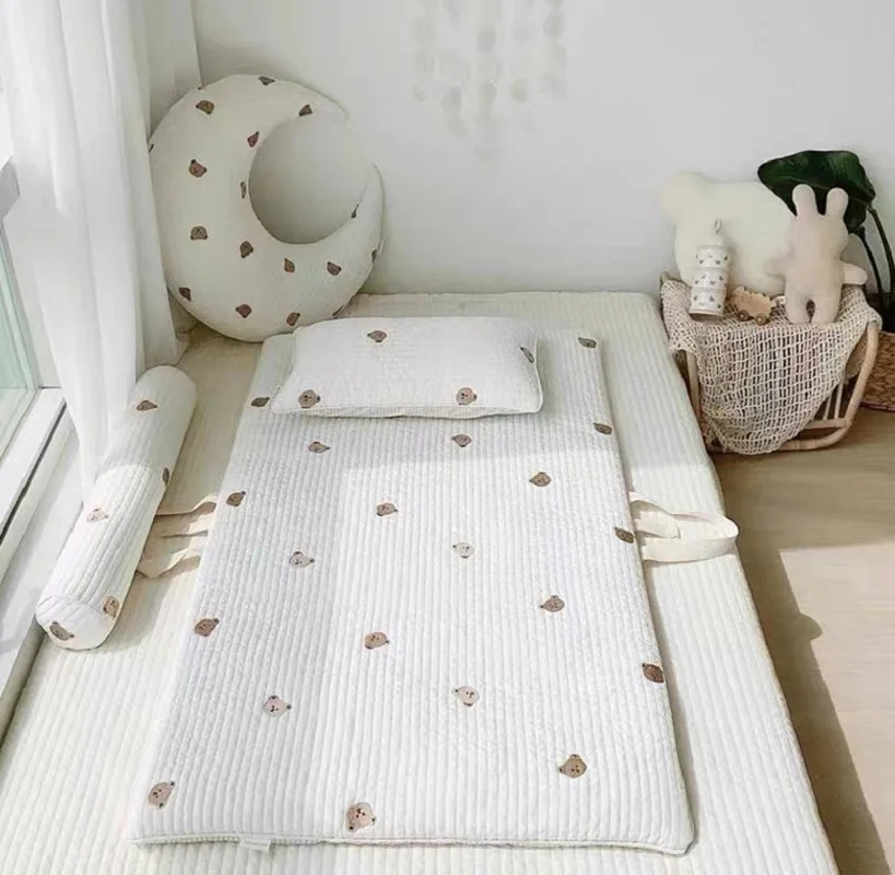 Baby Portable Travel Mat, Thick Padded Infant Nap Play Mat with Carry Straps, Embroidered Breathable Sleeping Pad