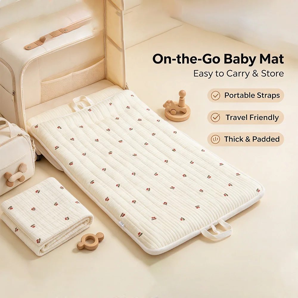 Baby Portable Travel Mat, Thick Padded Infant Nap Play Mat with Carry Straps, Embroidered Breathable Sleeping Pad
