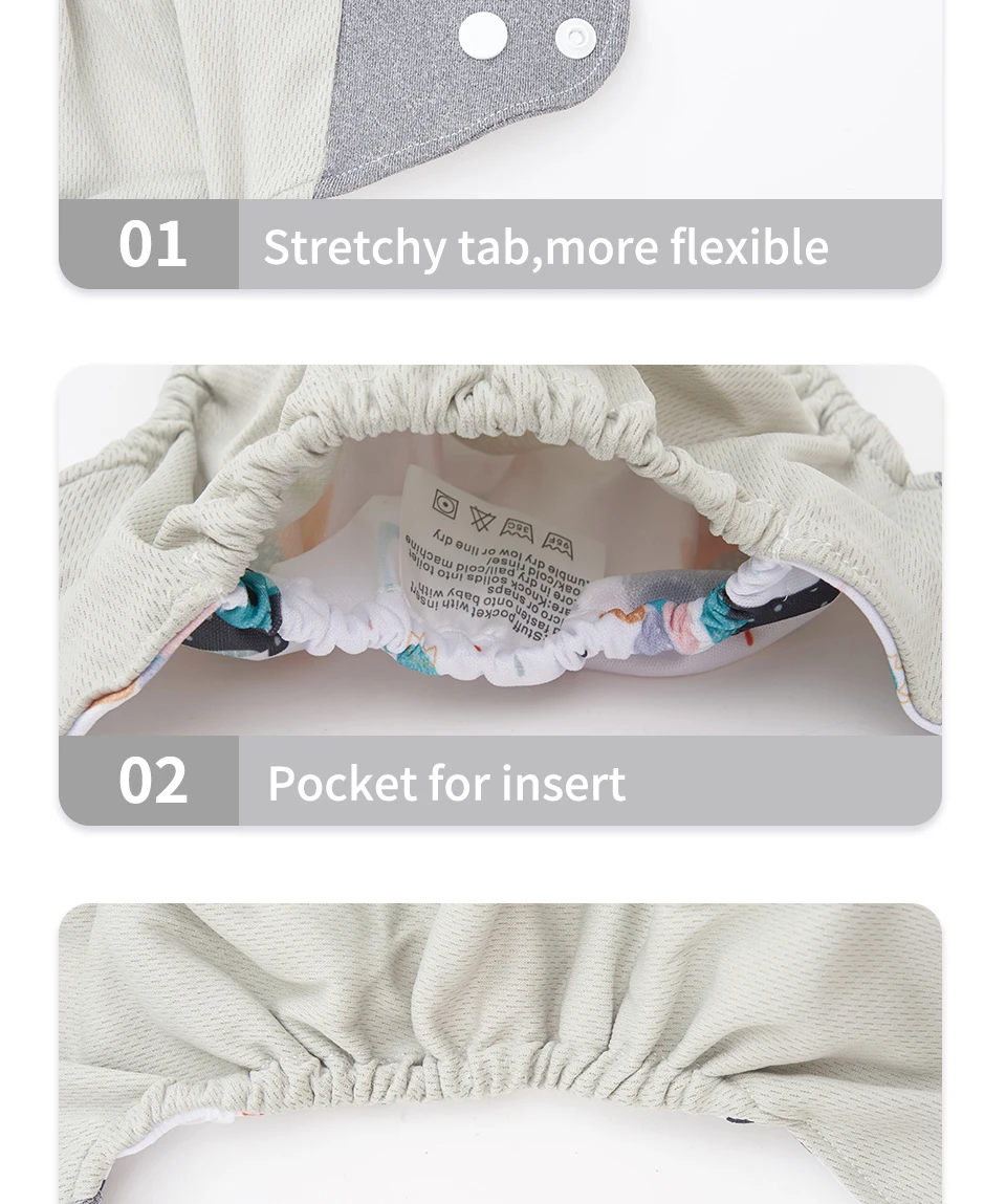 Elinfant ECO-friendly Diaper Set Baby 8 Pcs Pocket Diapers One Size Gray Mesh Cloth Adjustable Cloth Nappy For Baby Girls&Boys