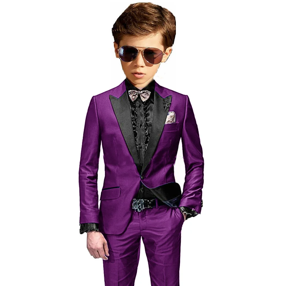 Burgundy Boys Slim Fit Tuxedo 2 Pieces Jacket Pants Formal Party Outfit One Button Peak Lapel Kids Suit Set Wedding Guest Wear
