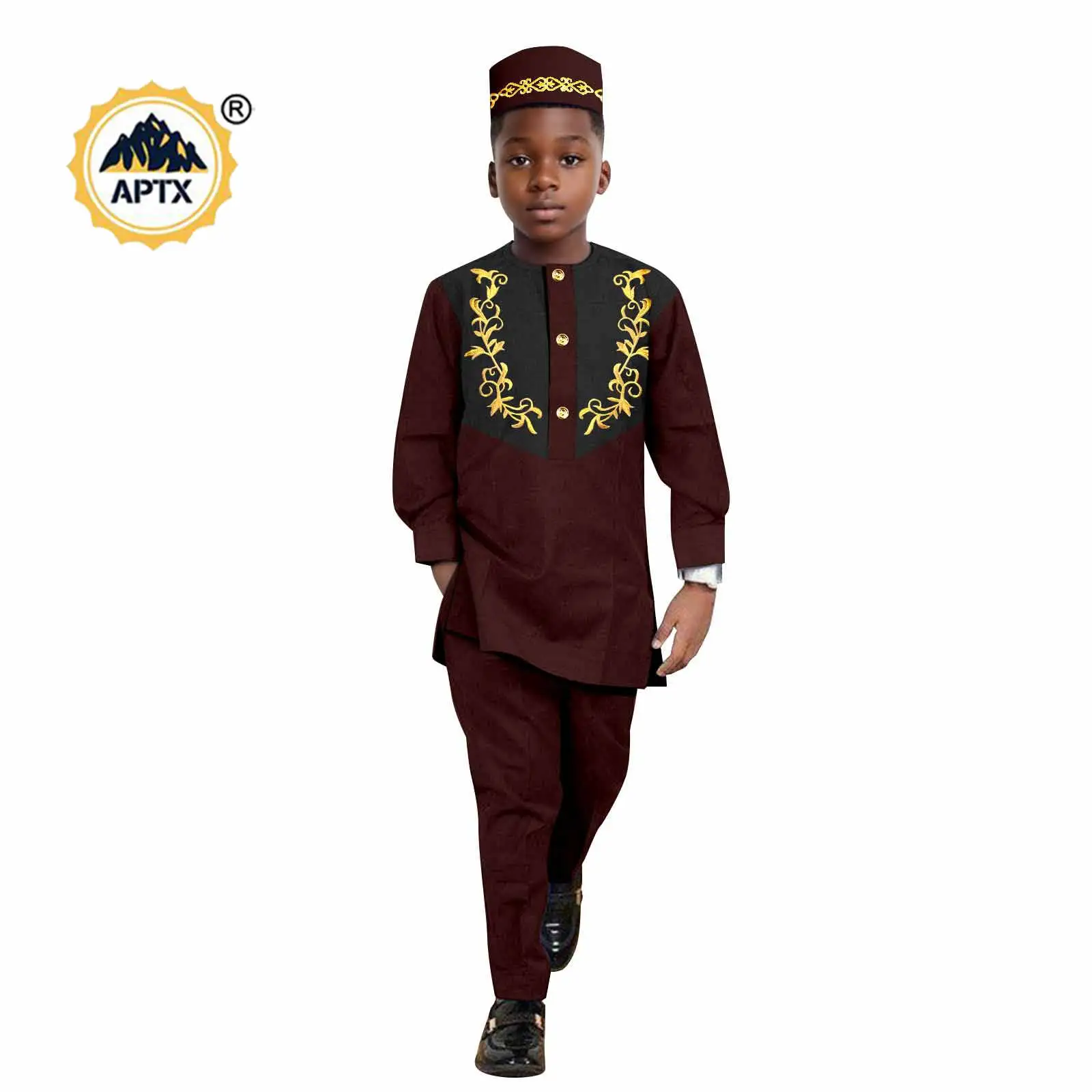 African Clothes for Boy Dashiki Children Appliques Top Shirt and Pant Sets Match Hat Cap Bazin Riche Kid Muslim Outfits 2446042