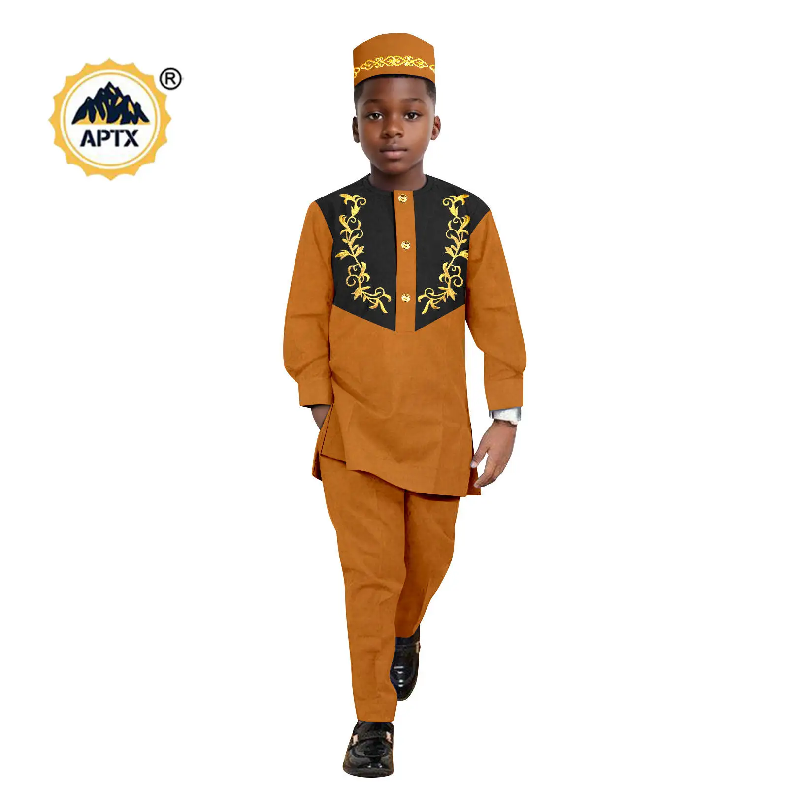 African Clothes for Boy Dashiki Children Appliques Top Shirt and Pant Sets Match Hat Cap Bazin Riche Kid Muslim Outfits 2446042