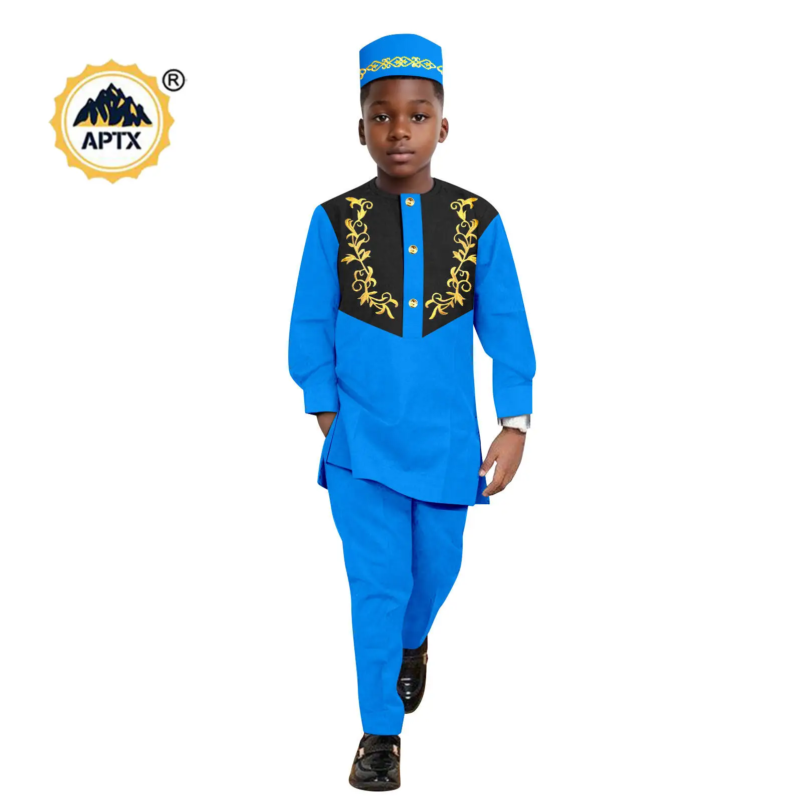 African Clothes for Boy Dashiki Children Appliques Top Shirt and Pant Sets Match Hat Cap Bazin Riche Kid Muslim Outfits 2446042