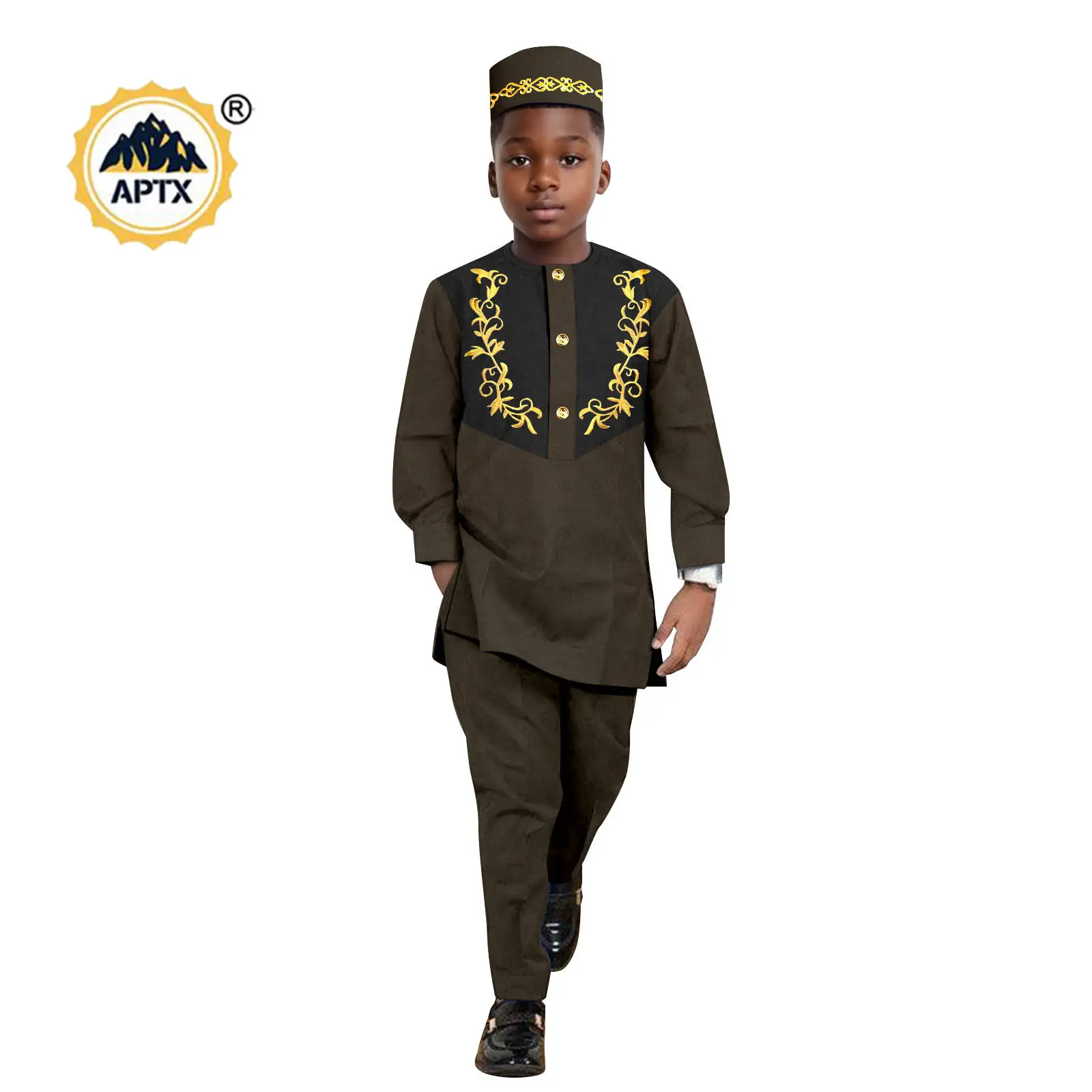 African Clothes for Boy Dashiki Children Appliques Top Shirt and Pant Sets Match Hat Cap Bazin Riche Kid Muslim Outfits 2446042