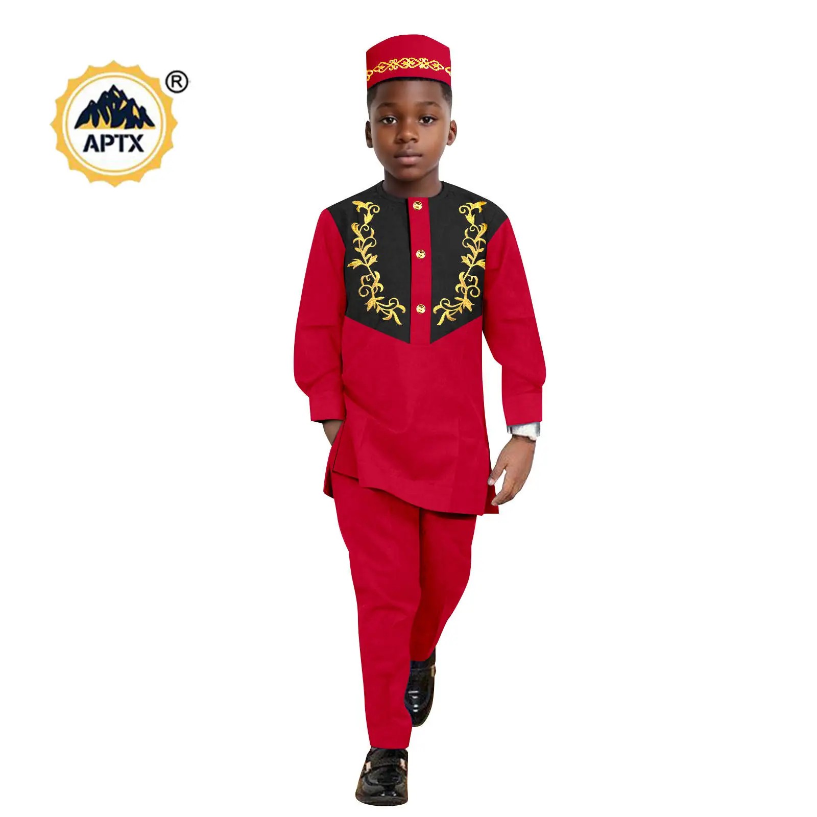 African Clothes for Boy Dashiki Children Appliques Top Shirt and Pant Sets Match Hat Cap Bazin Riche Kid Muslim Outfits 2446042