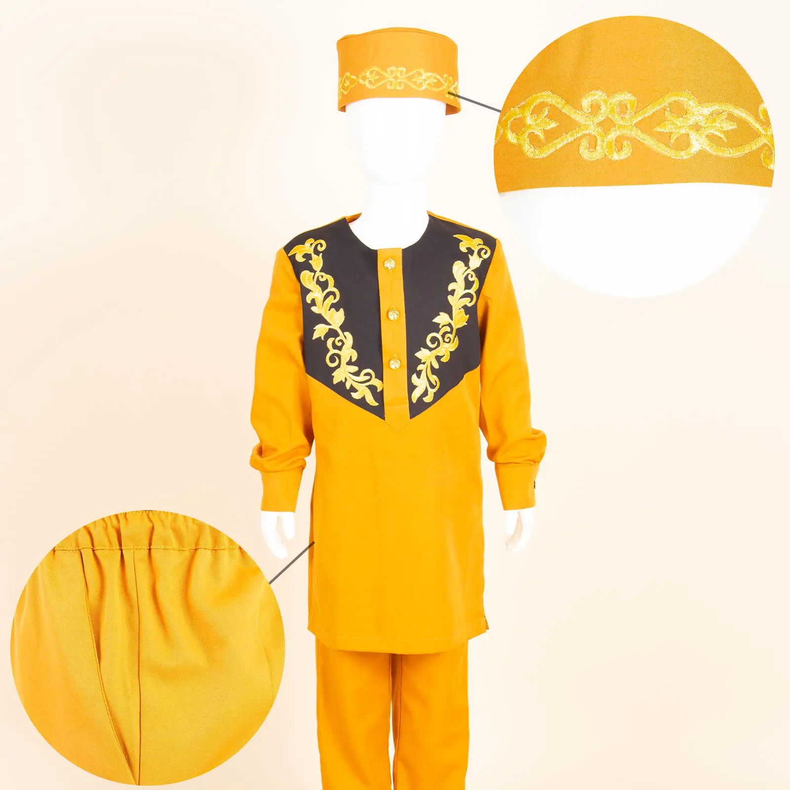 African Clothes for Boy Dashiki Children Appliques Top Shirt and Pant Sets Match Hat Cap Bazin Riche Kid Muslim Outfits 2446042