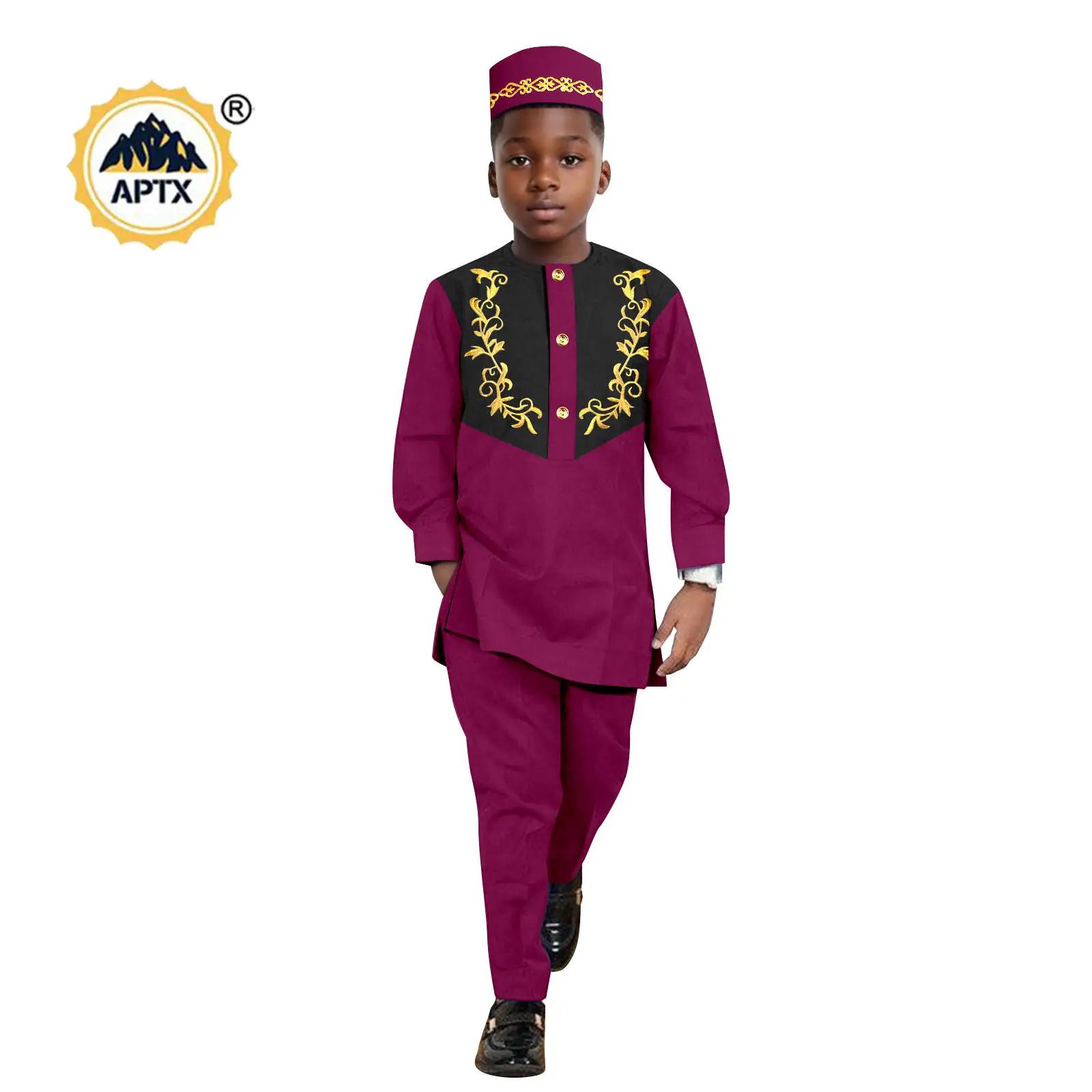 African Clothes for Boy Dashiki Children Appliques Top Shirt and Pant Sets Match Hat Cap Bazin Riche Kid Muslim Outfits 2446042