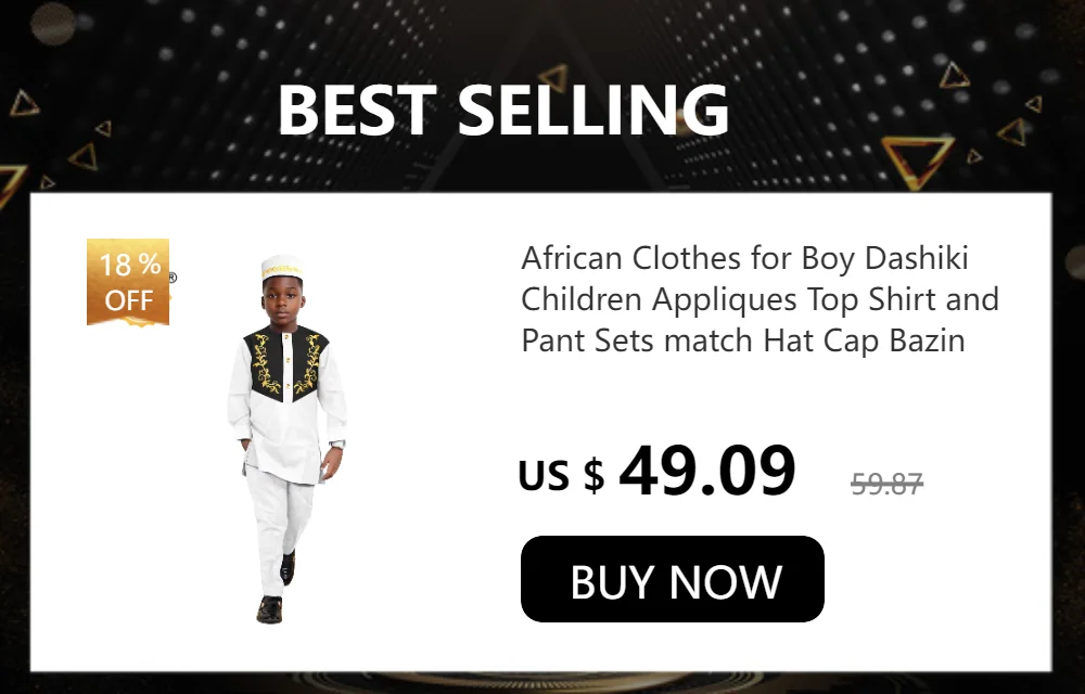 African Clothes for Boy Dashiki Children Appliques Top Shirt and Pant Sets Match Hat Cap Bazin Riche Kid Muslim Outfits 2446042