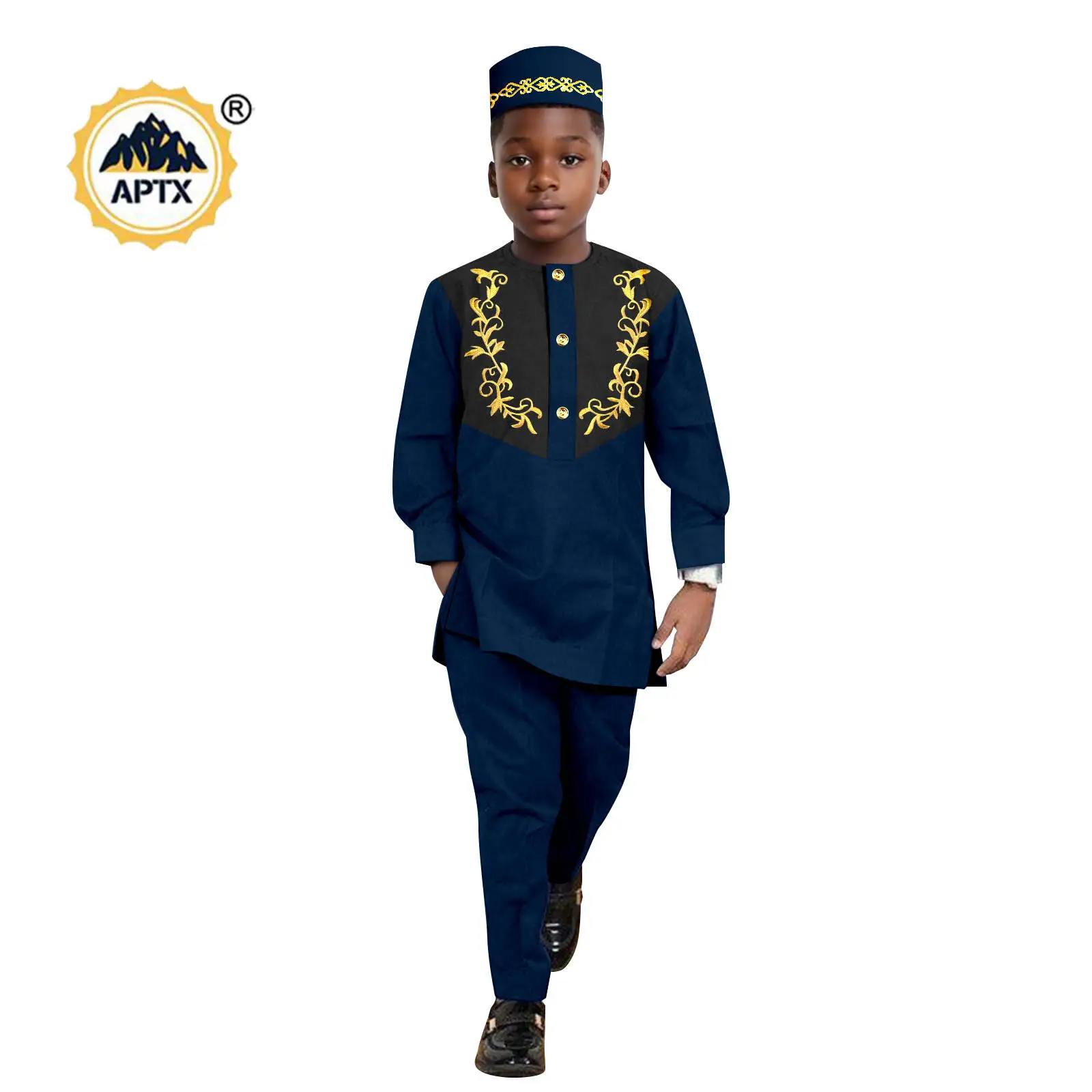 African Clothes for Boy Dashiki Children Appliques Top Shirt and Pant Sets Match Hat Cap Bazin Riche Kid Muslim Outfits 2446042