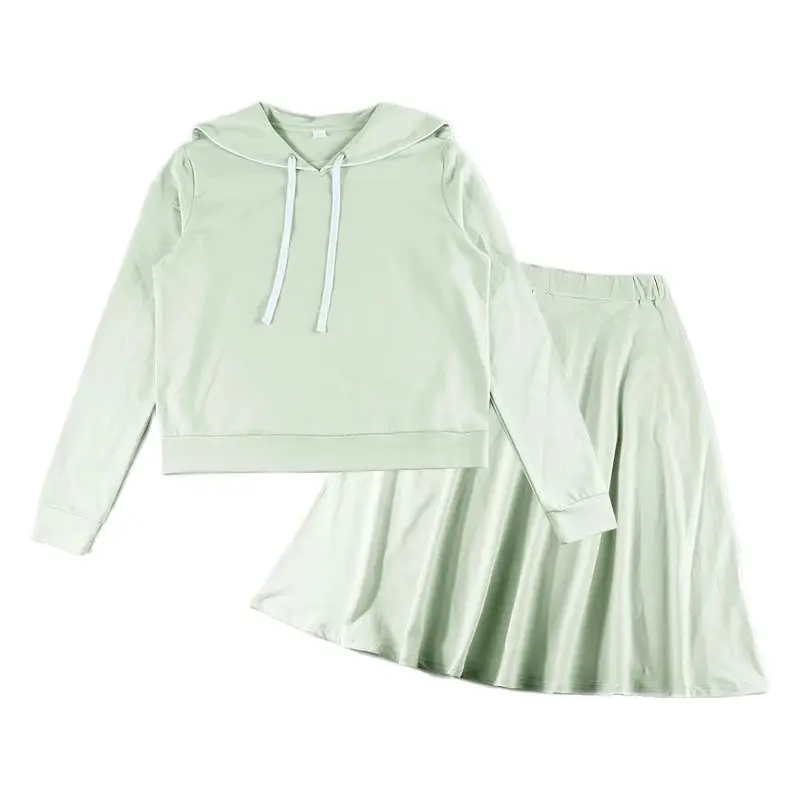 Women's Set Top Tee and Skirt Long Sleeves Square Neck with String for Lady Clothes Cotton French Terry Material Size XS-XXXL
