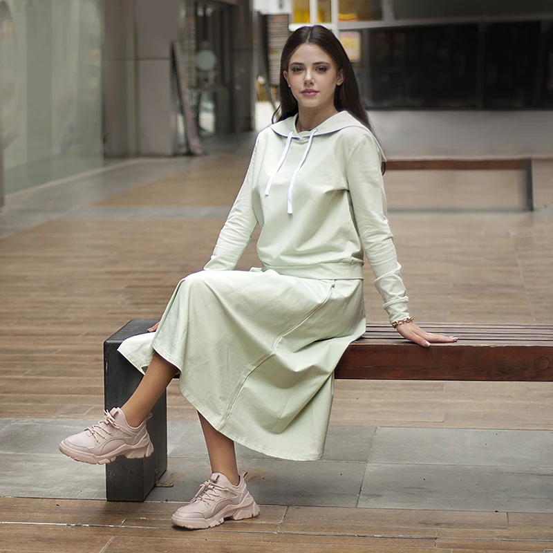 Women's Set Top Tee and Skirt Long Sleeves Square Neck with String for Lady Clothes Cotton French Terry Material Size XS-XXXL