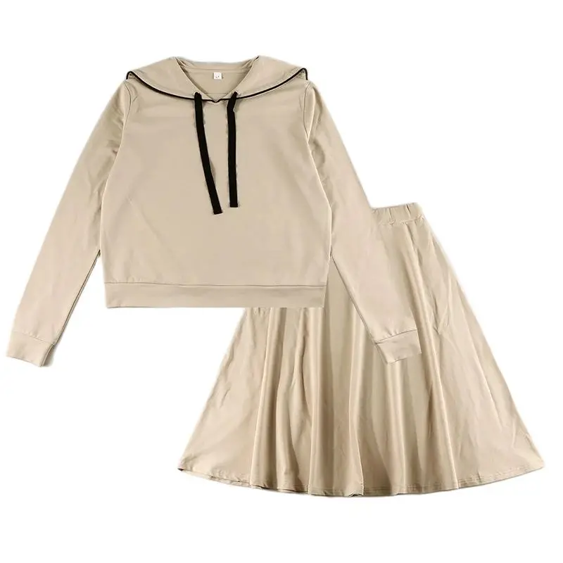 Women's Set Top Tee and Skirt Long Sleeves Square Neck with String for Lady Clothes Cotton French Terry Material Size XS-XXXL