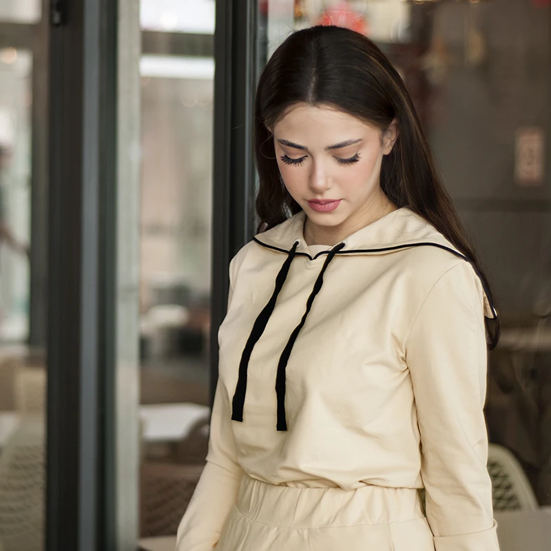 Women's Set Top Tee and Skirt Long Sleeves Square Neck with String for Lady Clothes Cotton French Terry Material Size XS-XXXL