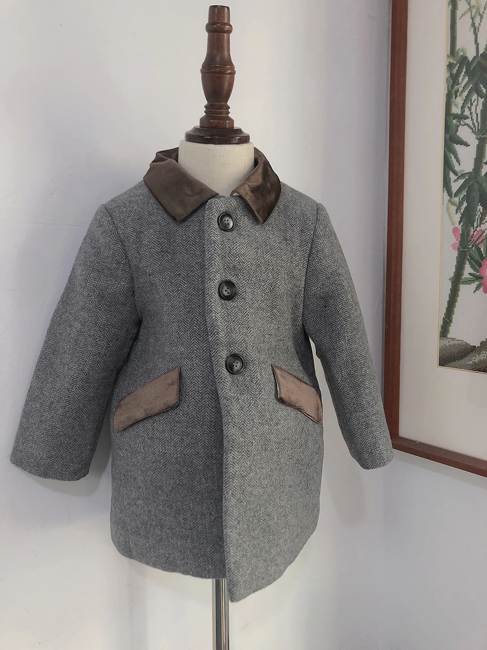 Children Boutique Clothing Winter Boy Gray Woolen Herringbone Pattern Coat British Warm Quilted Jacket New Year's Eid Clothes