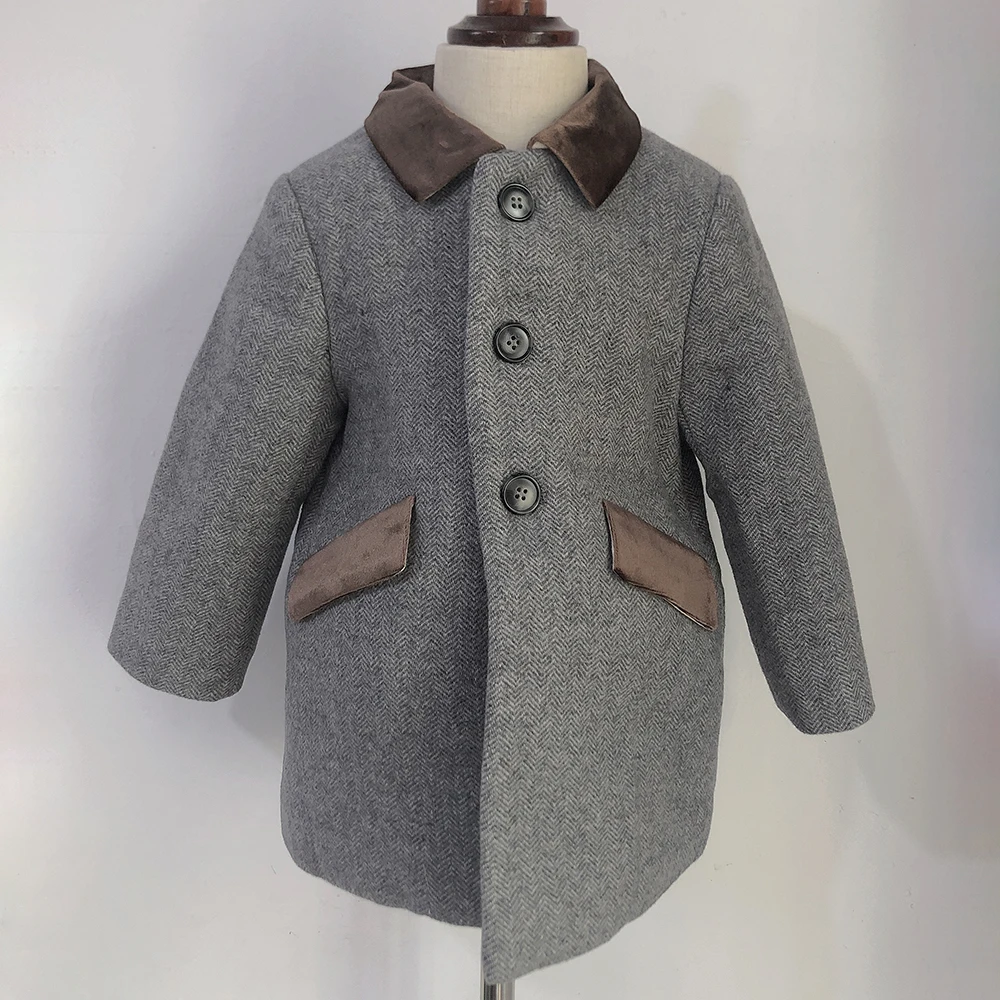 Children Boutique Clothing Winter Boy Gray Woolen Herringbone Pattern Coat British Warm Quilted Jacket New Year's Eid Clothes