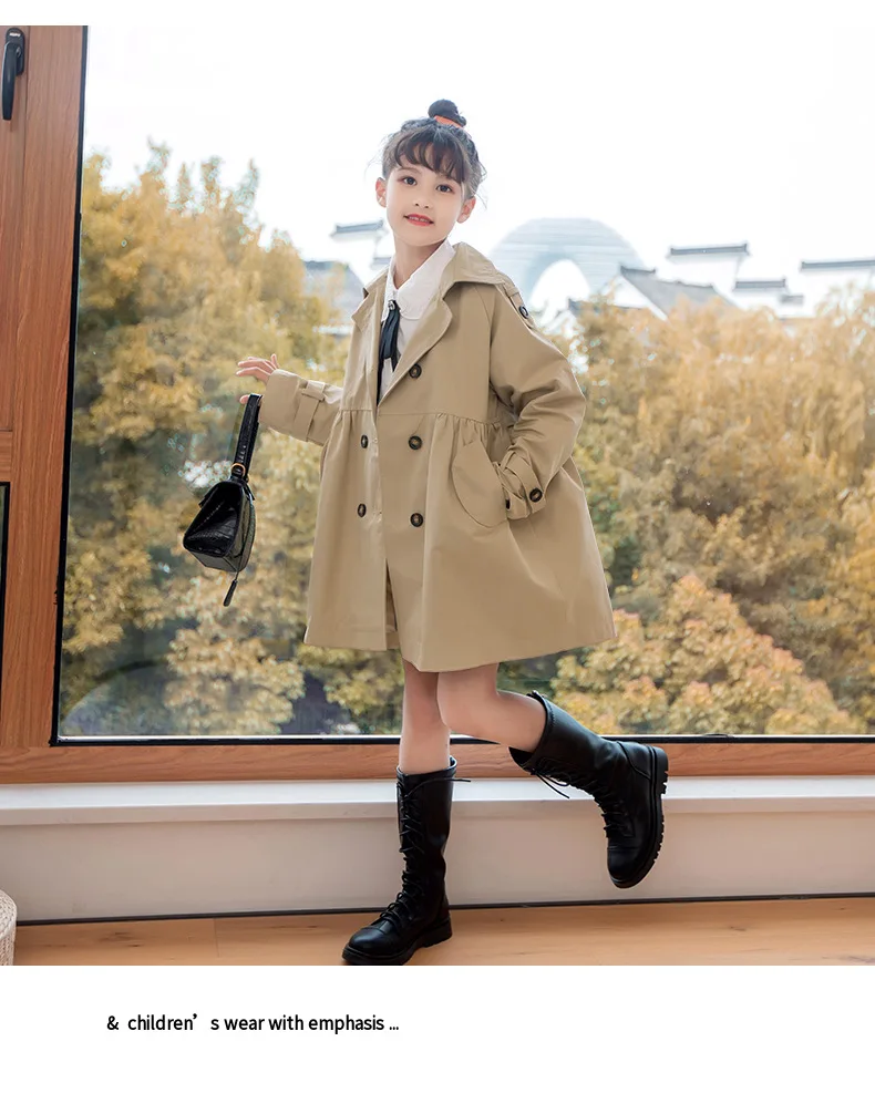 Girls Trench Coat Jacket Khaki Fashion Double Breasted Princess Outerwear for Kids 7 To 14 Y Autumn Children Mid-length Jacket