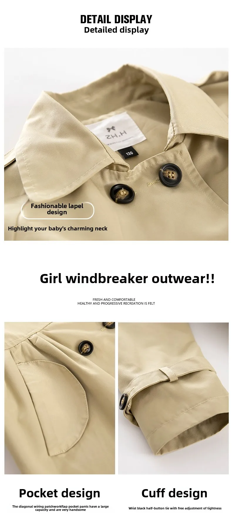 Girls Trench Coat Jacket Khaki Fashion Double Breasted Princess Outerwear for Kids 7 To 14 Y Autumn Children Mid-length Jacket