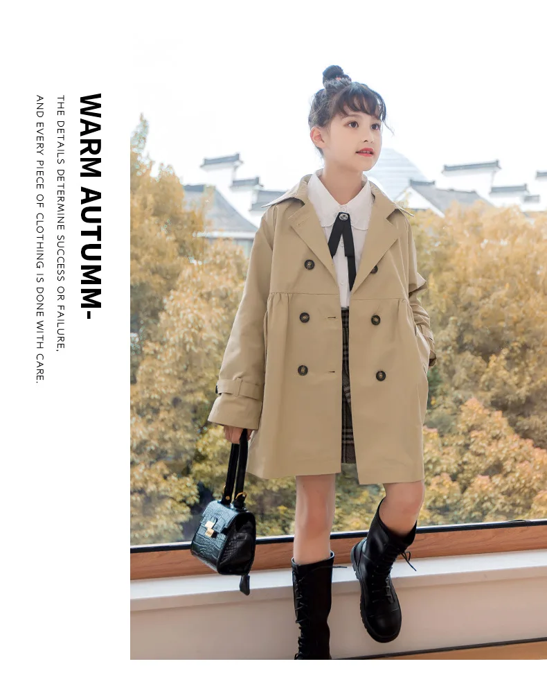 Girls Trench Coat Jacket Khaki Fashion Double Breasted Princess Outerwear for Kids 7 To 14 Y Autumn Children Mid-length Jacket
