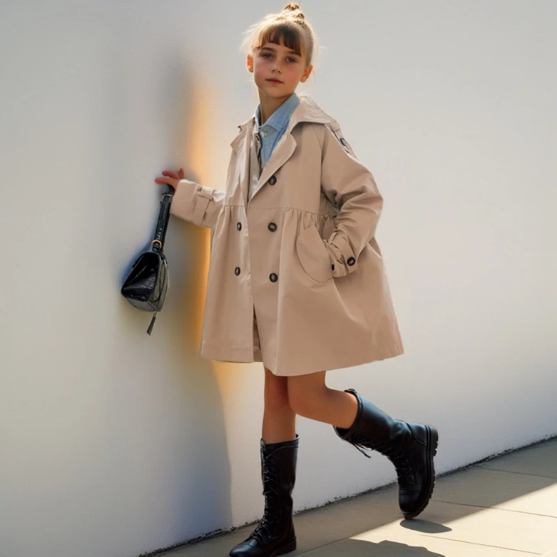 Girls Trench Coat Jacket Khaki Fashion Double Breasted Princess Outerwear for Kids 7 To 14 Y Autumn Children Mid-length Jacket