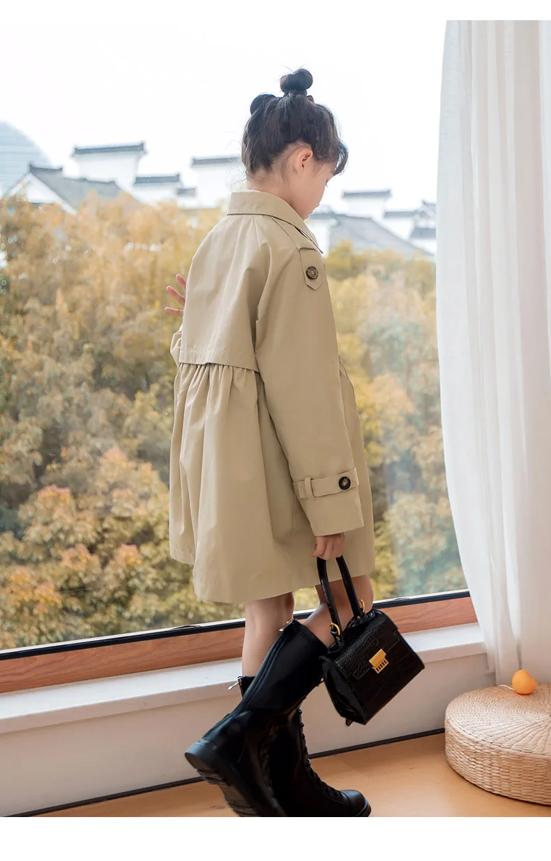Girls Trench Coat Jacket Khaki Fashion Double Breasted Princess Outerwear for Kids 7 To 14 Y Autumn Children Mid-length Jacket