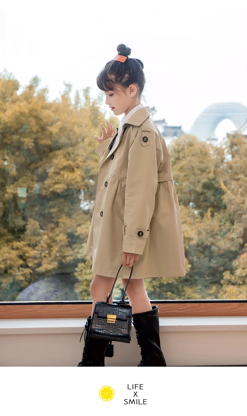 Girls Trench Coat Jacket Khaki Fashion Double Breasted Princess Outerwear for Kids 7 To 14 Y Autumn Children Mid-length Jacket