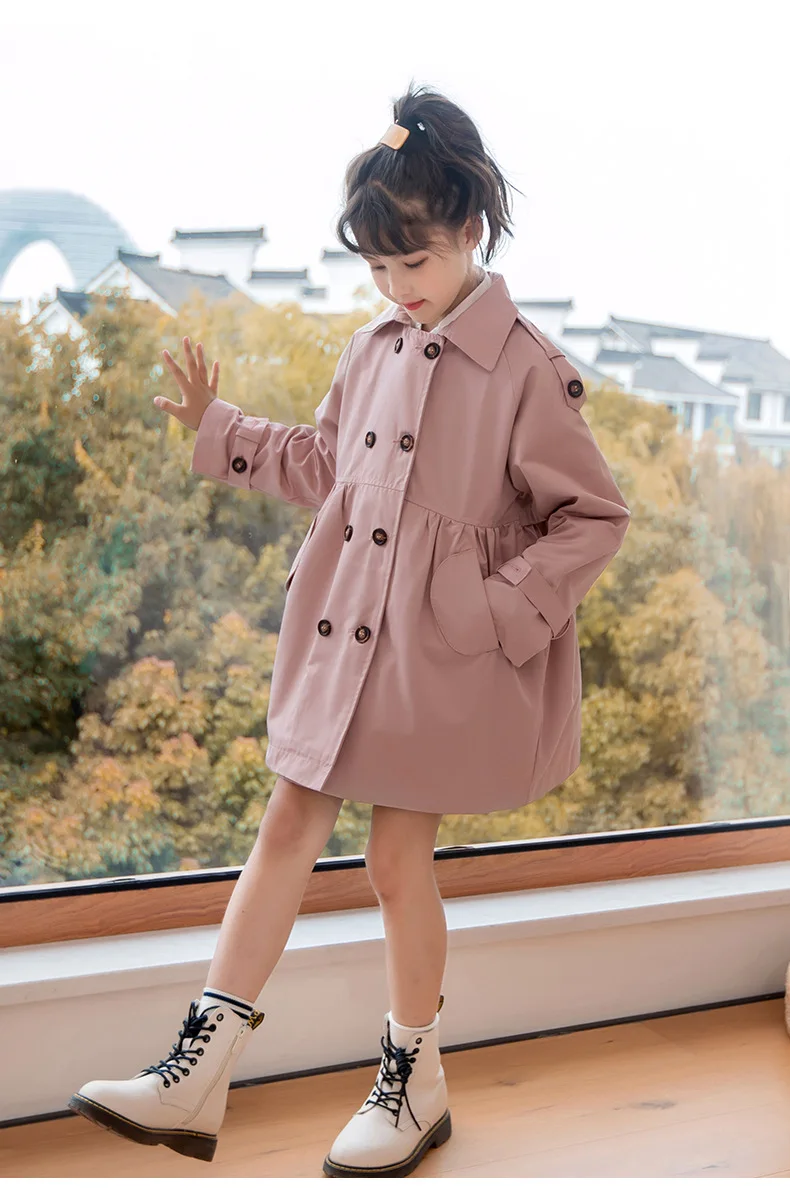 Girls Trench Coat Jacket Khaki Fashion Double Breasted Princess Outerwear for Kids 7 To 14 Y Autumn Children Mid-length Jacket