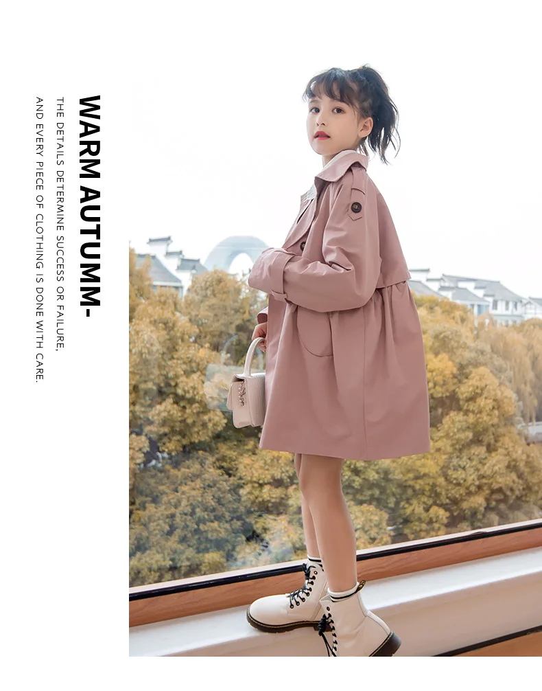 Girls Trench Coat Jacket Khaki Fashion Double Breasted Princess Outerwear for Kids 7 To 14 Y Autumn Children Mid-length Jacket
