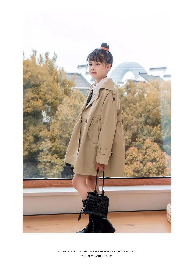 Girls Trench Coat Jacket Khaki Fashion Double Breasted Princess Outerwear for Kids 7 To 14 Y Autumn Children Mid-length Jacket