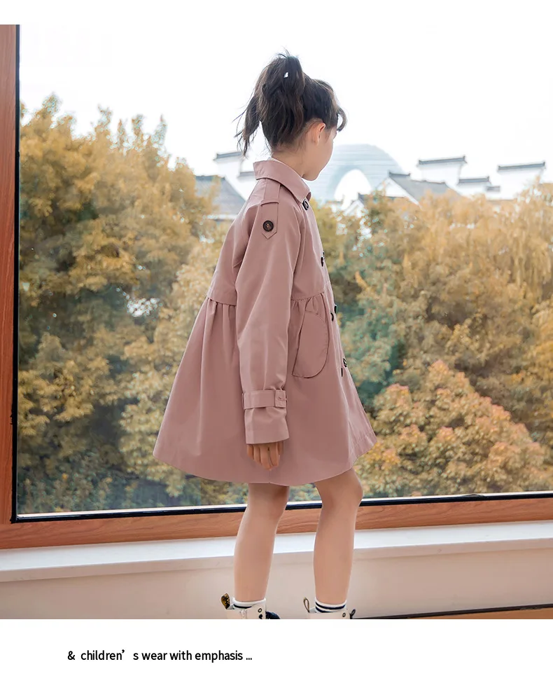 Girls Trench Coat Jacket Khaki Fashion Double Breasted Princess Outerwear for Kids 7 To 14 Y Autumn Children Mid-length Jacket