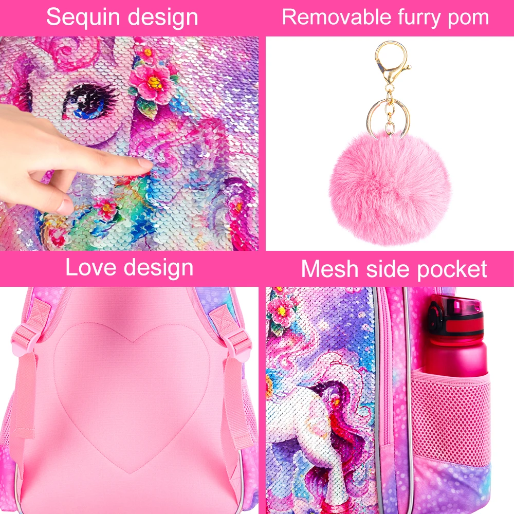 3PCS Unicorn Backpack for Girls, 16" Sequin Kids Bookbag and Lunch Box, Preschool Backpacks for Elementary.
